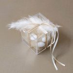 Μπομπονιέρα γάμου διάφανο κουτί με λευκό πούπουλο και σατέν κορδέλες.