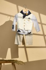 Βαπτιστικό σύνολο αγόρι με πουά πουκάμισο και γκρι παντελόνι