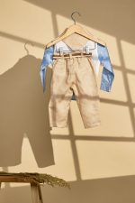 Βαπτιστικό σύνολο με λινό μπεζ παντελόνι και πουκάμισο σιελ με λευκά βελάκια - Image 3