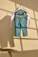 Βαπτιστικό σύνολο αγόρι με πετρόλ λινό ύφασμα και μπλε γιλέκο ψαροκόκκαλο - Image 3