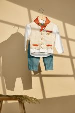 Βαπτιστικό σύνολο αγόρι ταμπά με πετρόλ λινό ύφασμα