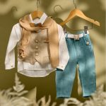 Βαπτιστικό σύνολο αγόρι με πετρόλ λινό ύφασμα και μπεζ γιλέκο