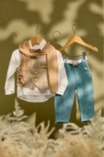 Βαπτιστικό σύνολο αγόρι με πετρόλ λινό ύφασμα και μπεζ γιλέκο